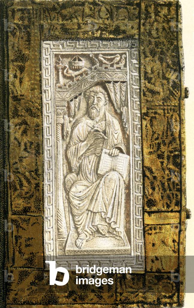 An example of 10th century German bookbinding with ivory and copper boards decorated with precious stones