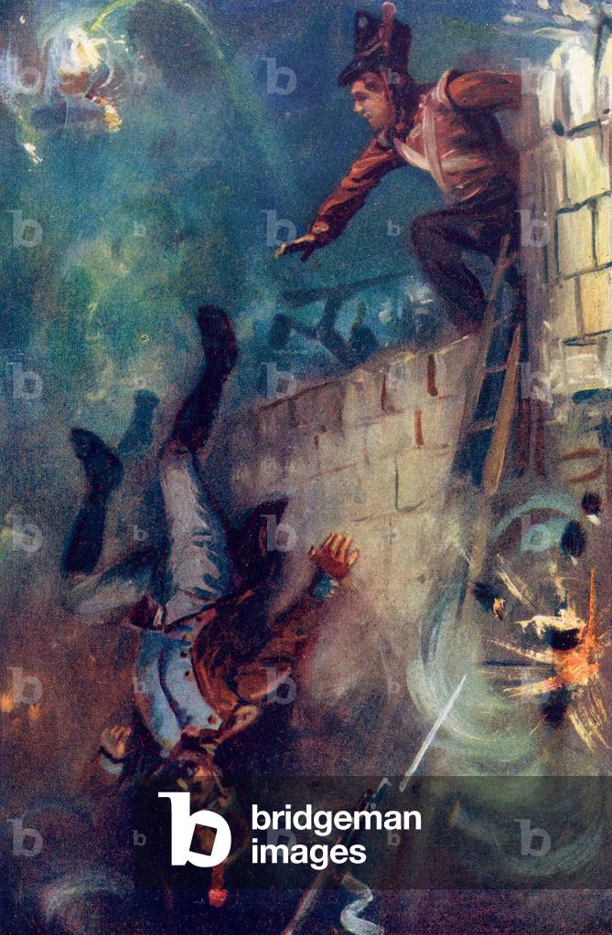Hurled him into the Dreadful Ditch, from 'Grant the Grenadier' by Walter Wood, published by Routledge, c.1912 (colour litho)