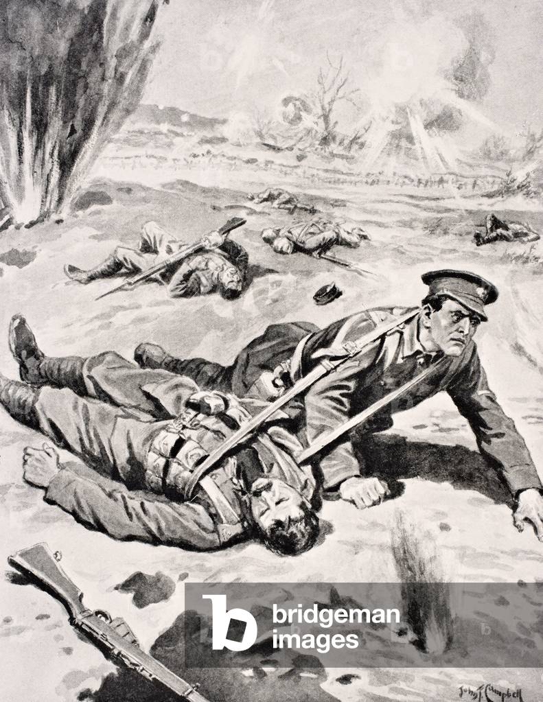 Lance-Corporal Joseph Tombs VC, with one of four wounded comrades he saved near Armentieres, France, 16th June 1915, from 'The War Illustrated Album deLuxe', published in London, 1916 (litho)