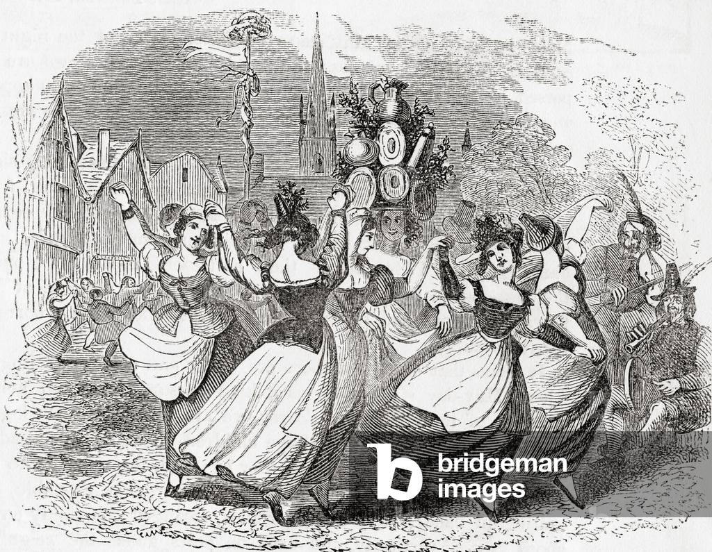 Milkmaid's dance, with pile of plate, May Day, England, from Old England: A Pictorial Museum, pub. 1847