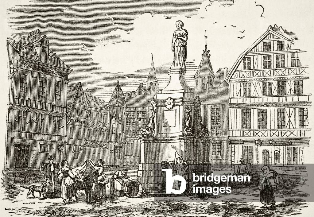 Statue of Joan of Arc in the market place in Rouen in the 19th century, from 'The National and Domestic History of England' by William Hickman Smith Aubrey (1858-1916) published London, c.1890 (litho)