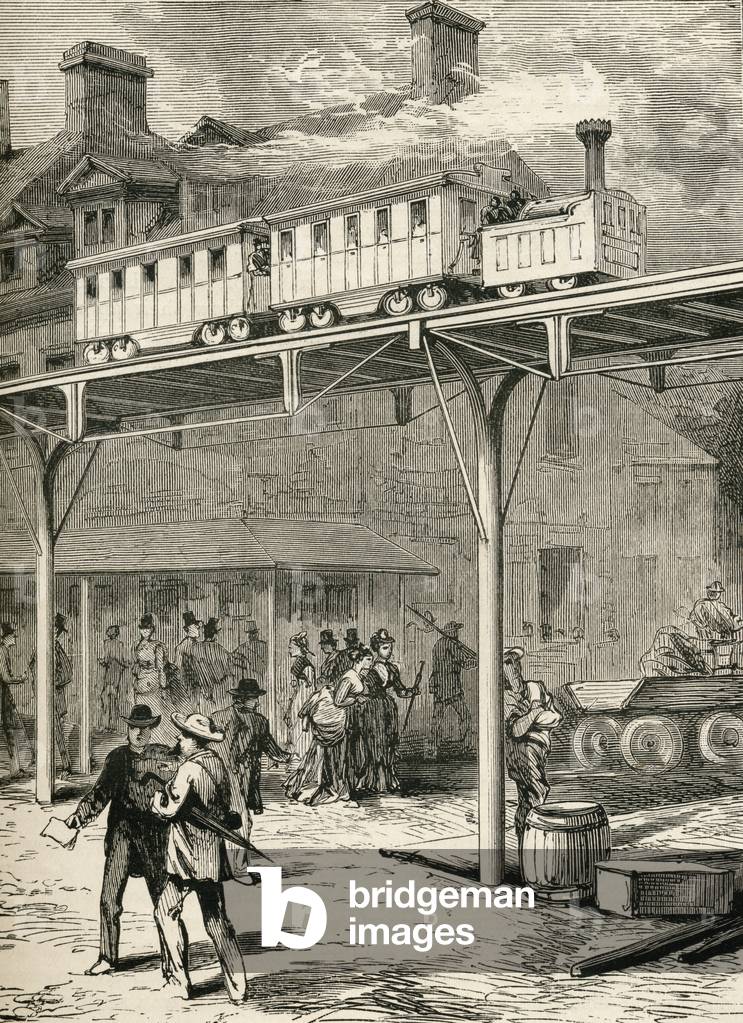 The Elevated Railway, Broadway, New York, from 'The World's Inhabitants' by G.T. Bettany, published 1888 (engraving)