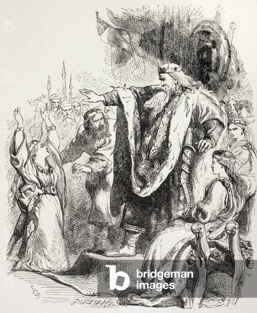 Lear believes Cordelia does not love him and banishes her, illustration from King Lear, from 'The Illustrated Library Shakespeare', published London 1890 (litho)