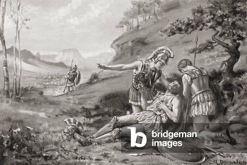 The death of Epameinondas at the Second Battle of Mantinea, after the painting by Margaret Dovaston, from Hutchinson's History of the Nations, pub. 1915