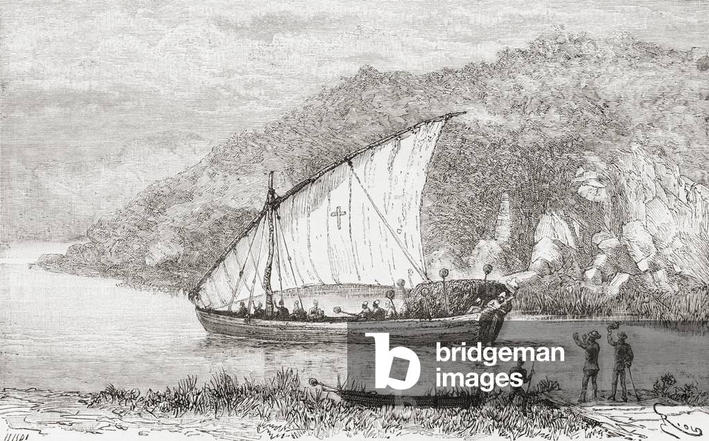 A dhow on the Congo River in the 19th century, from 'Africa Pintoresca', published 1888 (engraving)