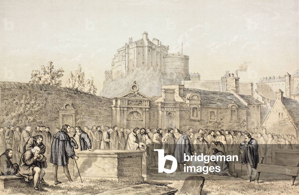 Signing the Covenant in Greyfriars Churchyard, Edinburgh in 1638, from 'The Scots Worthies According to Howie's Second Edition, 1781', by John Howie (1735-93) published 1879 (colour litho)