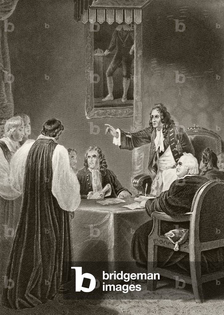 King James II of England facing bishops in the Privy Council, 1688, from 'The National and Domestic History of England' by William Hickman Smith Aubrey (1858-1916) published London, c.1890 (litho)