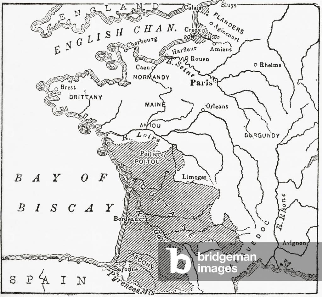 Map showing the English dominions in France at the time of the Treaty of Brétigny, 1360.  Illustrated Easy Stories from English History.