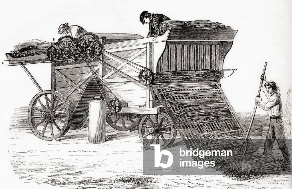 A 19th century threshing machine, from Les Merveilles de la Science, pub.1870