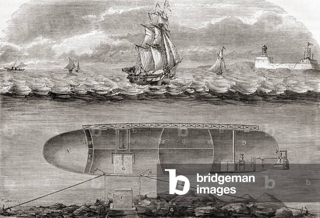 Dr Antoine Prosper Payerne's 19th century submarine The Belledone, built in 1846, From Les Merveilles de la Science, published c.1870 (engraving)