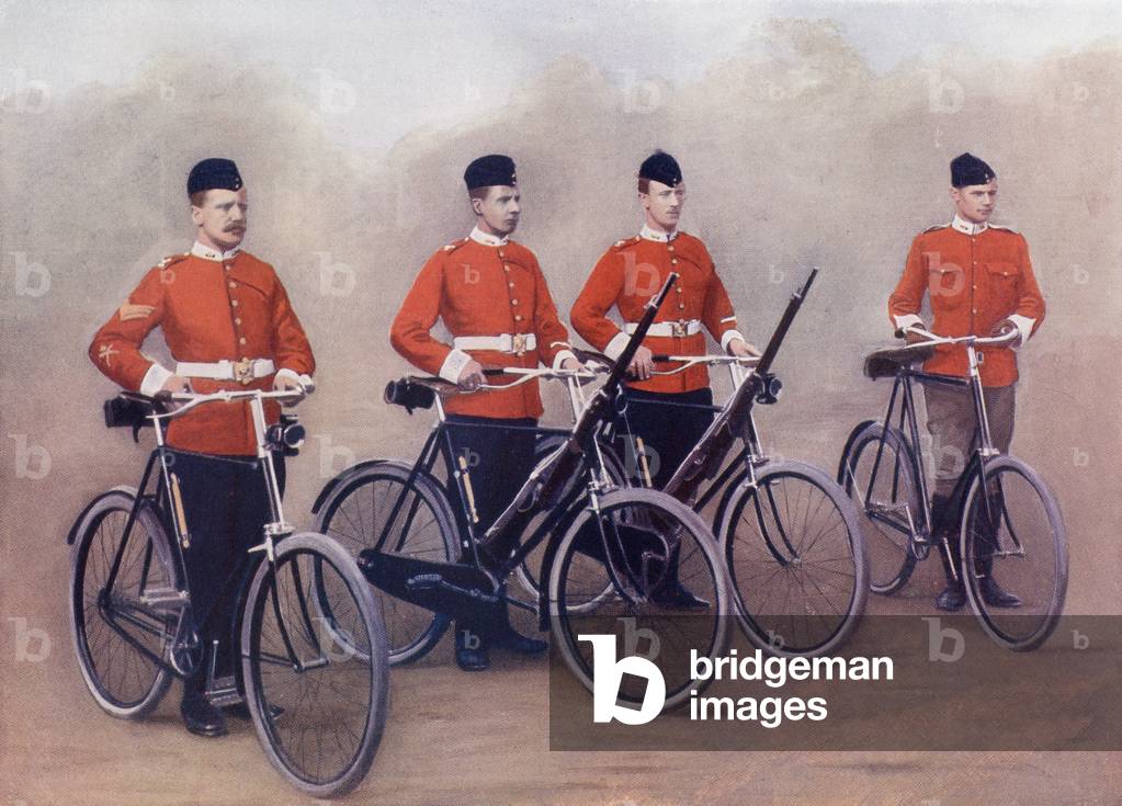 Cyclists of the Lancashire Fusiliers, from 'South Africa and the Transvaal War', by Louis Creswicke, published 1900 (colour litho)