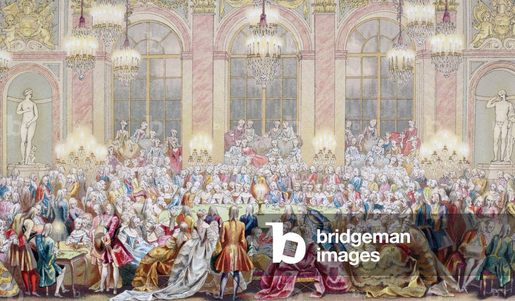Party given to celebrate the marriage of Louis, Dauphin of France, to Maria Teresa Rafaela, Infanta of Spain, February 1745, in the Palace of Versailles, France, from XVIII Siecle Institutions, Usages et Costumes, pub. Paris 1875.