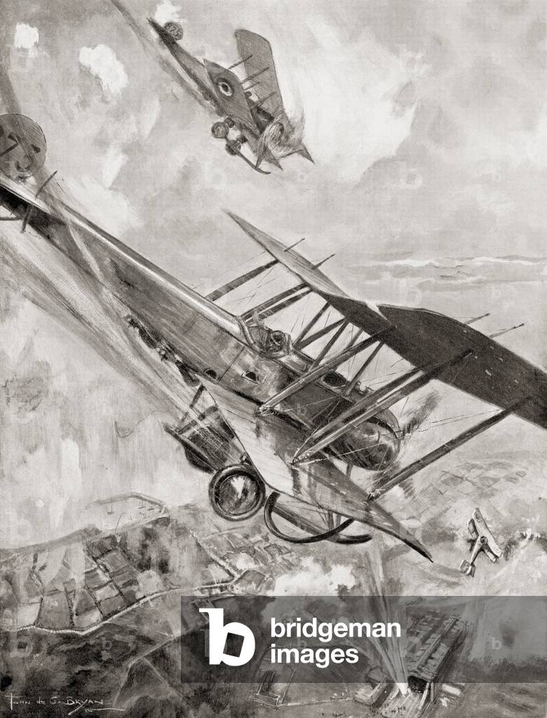 Squadron Commander Briggs, Flight Commander Babington and Flight Lieutenant Sippe destroying Friedrichshaven Airship Factory, Lake Constance, Germany in 1914 during World War One, from 'Deeds That Thrill The Empire', published 1919 (litho)