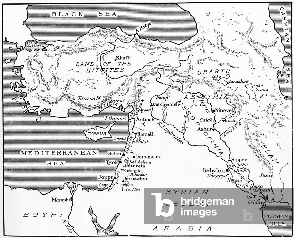 Map of the Babylonian, Assyrian and Hittite empires.  From Hutchinson's History of the Nations, published 1915.