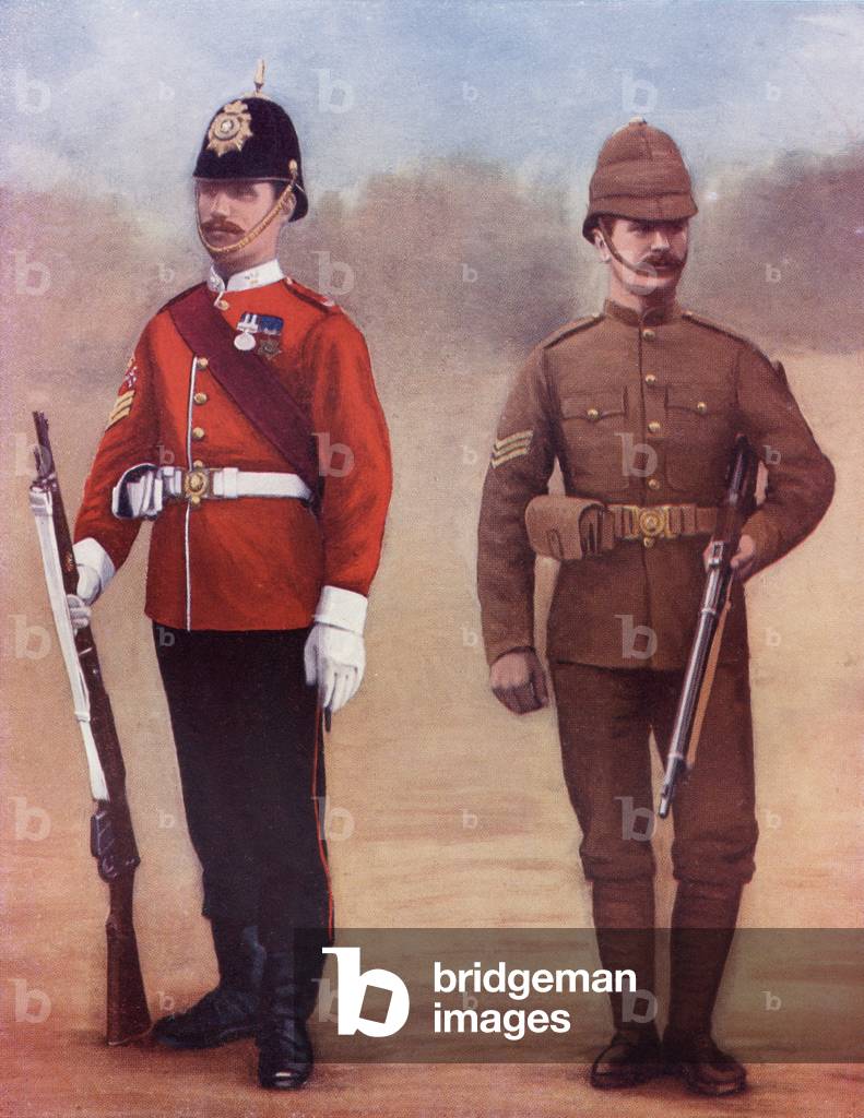 Colour-Sergeant of the West Yorkshire Regiment, left, and a Sergeant of the Yorkshire Regiment, from 'South Africa and the Transvaal War', by Louis Creswicke, published 1900 (colour litho)