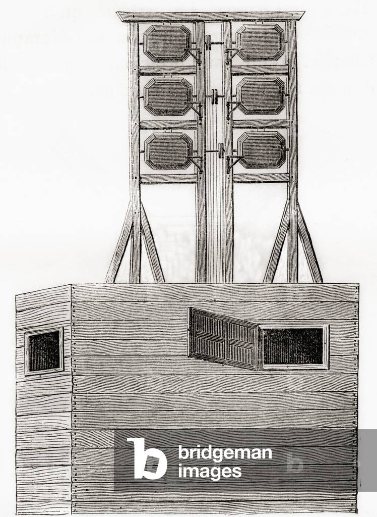 An aerial telegraph system used in England in the 18th century, from Les Merveilles de la Science, published c.1870 (engraving)