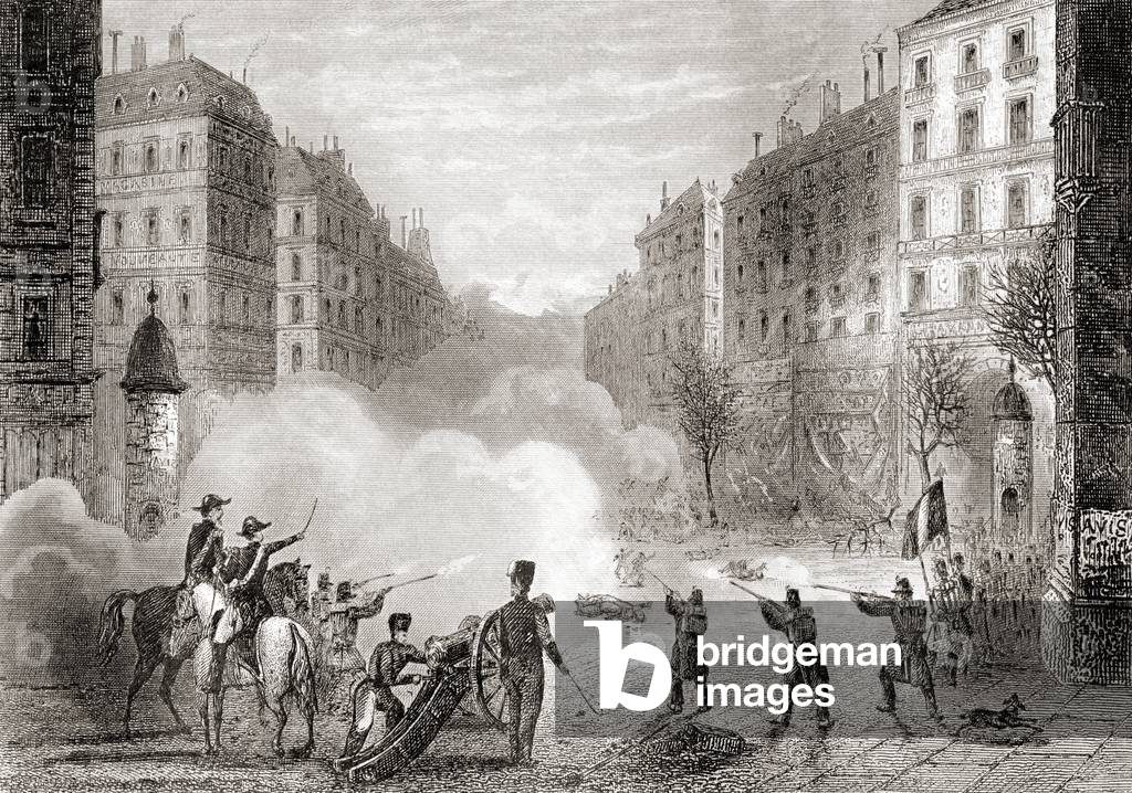 French troops on the streets of Paris, France during Prince Louis-Napoleon Bonaparte's coup d'etat of 1851, from Historia de los Crimenes del Despotismo, pub. 1870