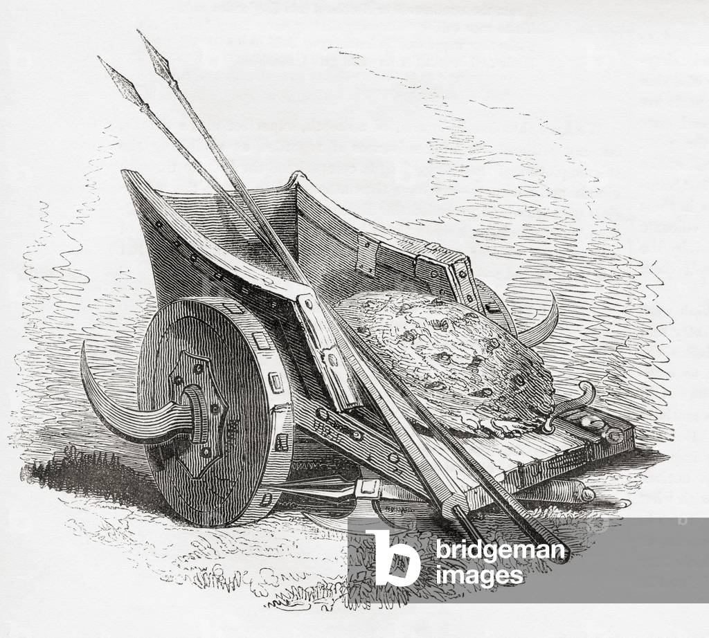 Ancient British war chariot with scythed blades coming out from the wheels, from Old England: A Pictorial Museum, pub. 1847