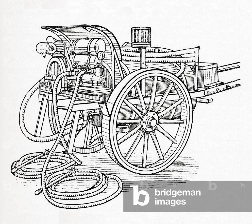 Early 20th century mobile apparatus used for spraying insecticide on plants, from Meyers Lexicon, pub. 1928