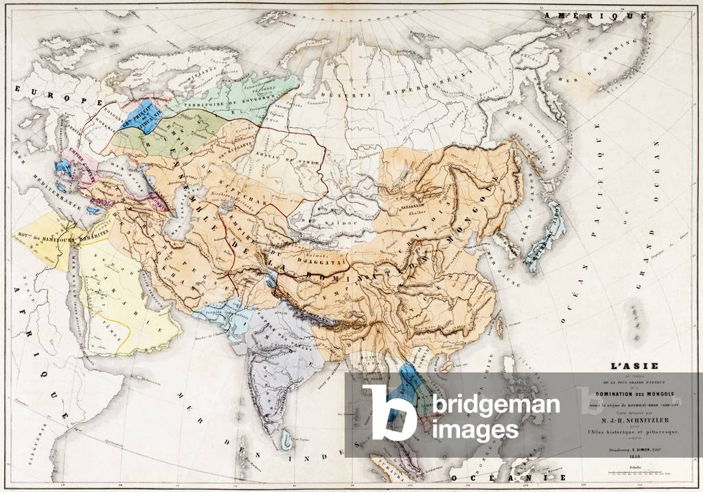 Map of Asia at the time of the greatest extent of the domination of the Mongols in the reign of Kublai Khan, from L'Histoire Universelle Ancienne et Moderne, published in Strasbourg c.1860 (coloured engraving)