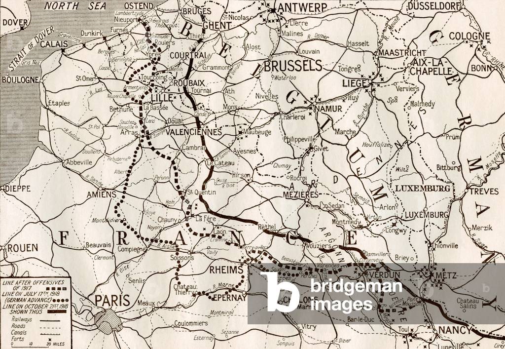 A map of the Western Front, France in 1918 after the offensives of 1917, from The Year 1918 Illustrated