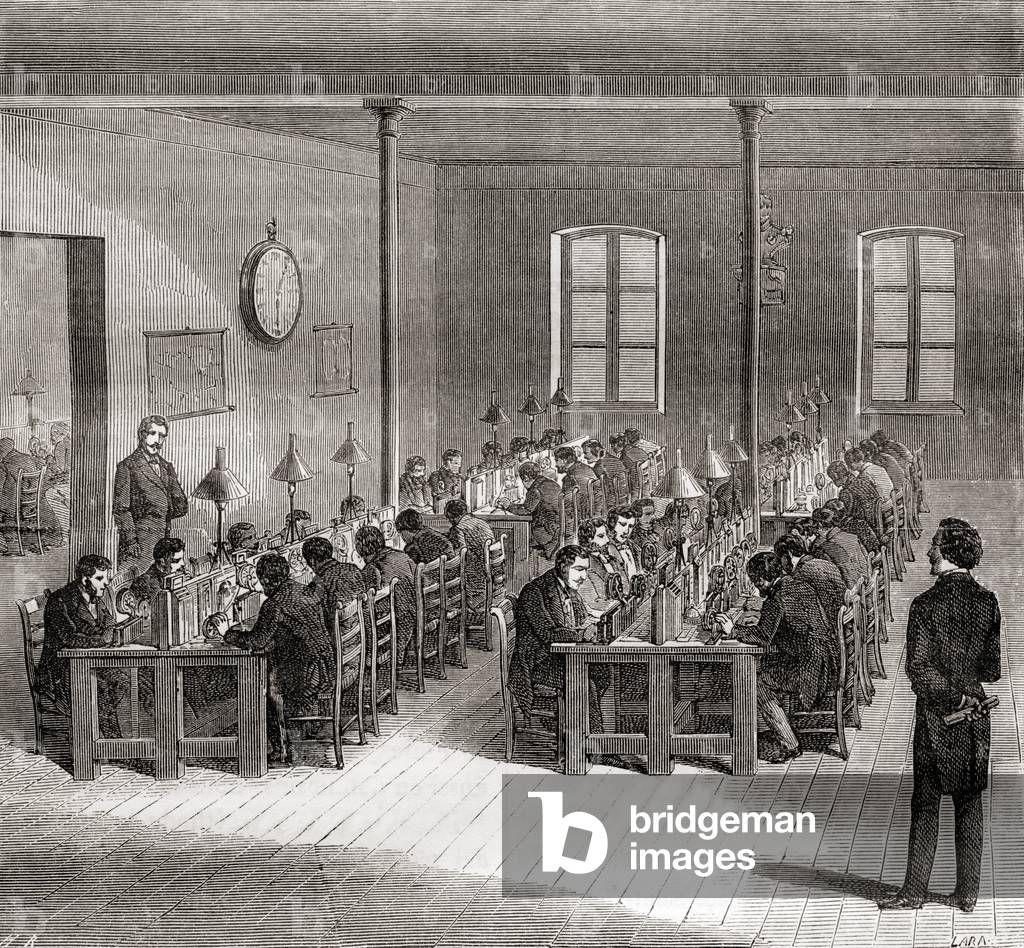 A telegraph station in Paris, France c.1870, from Les Merveilles de la Science, published c.1870 (engaving)