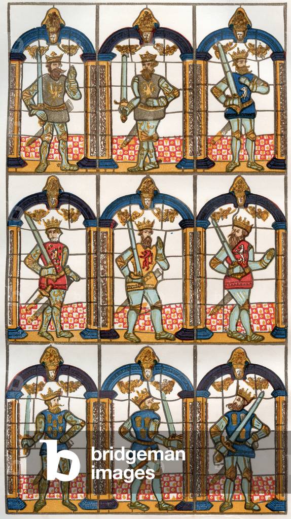 A painted or stained glass window depicting two Saxon earls of Merica and seven Norman earls of Chester, from Old England: A Pictorial Museum, pub. 1847