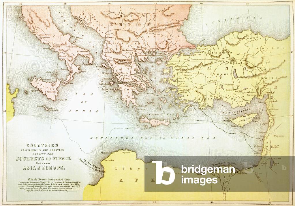 Countries travelled by the apostles and showing the journeys of St. Paul between Asia and Europe (colour litho)