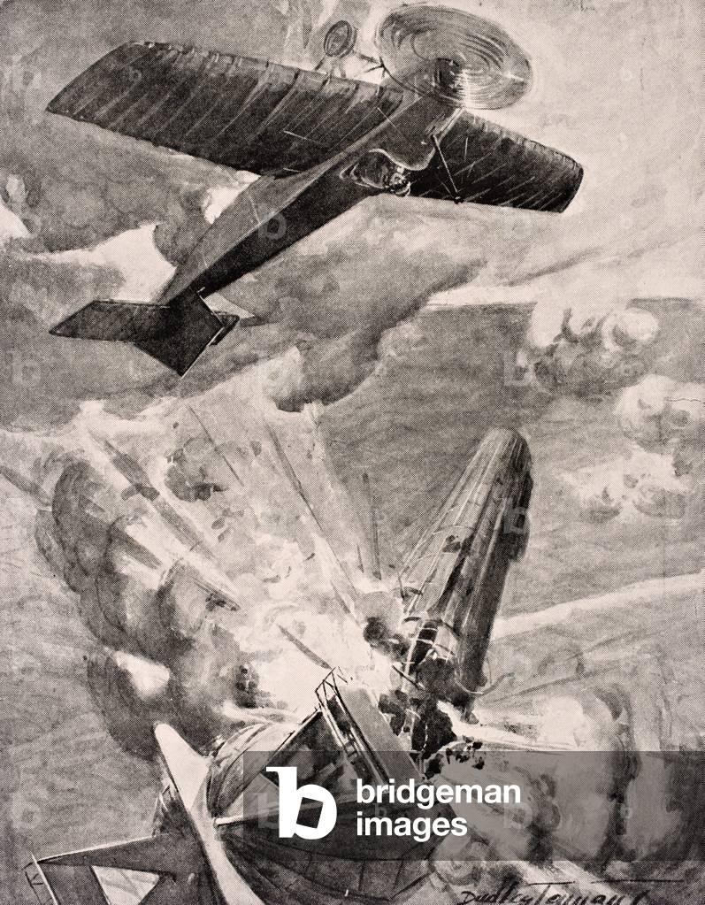 Flight Sub-Lieutenant Warneford VC bombs and destroys Zeppelin airship 1915, from 'The War Illustrated Album deLuxe', published in London, 1916 (litho)