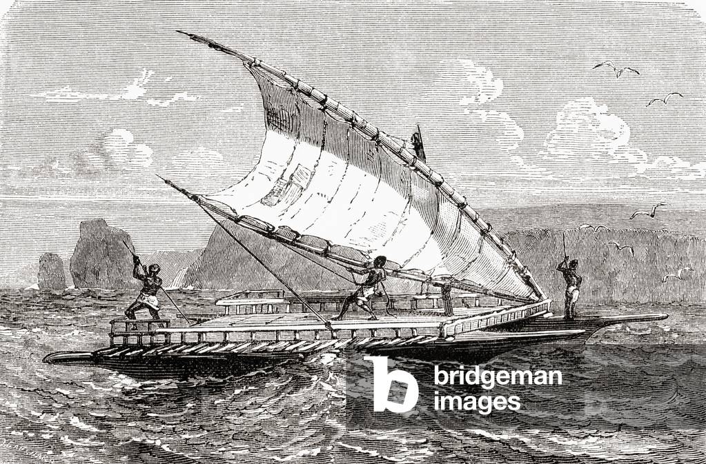 New Caledonian double canoe, from 'El Mundo en la Mano', published 1878 (litho)