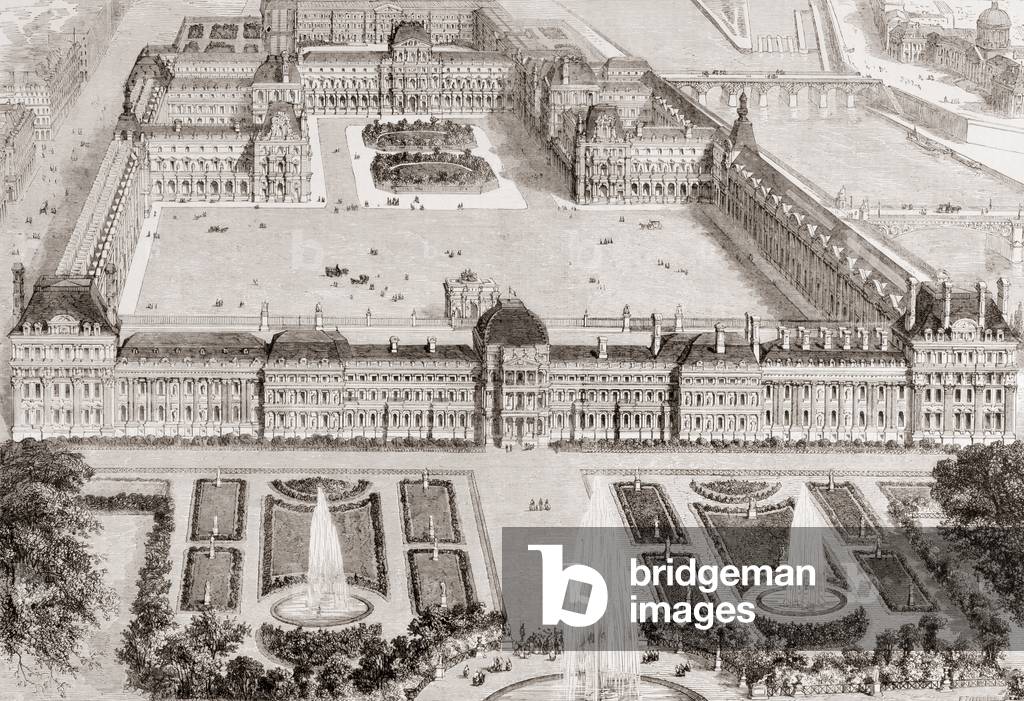 View of the new gardens of the Tuileries Palace and the new and the old Louvre, Paris, France, in the 19th century