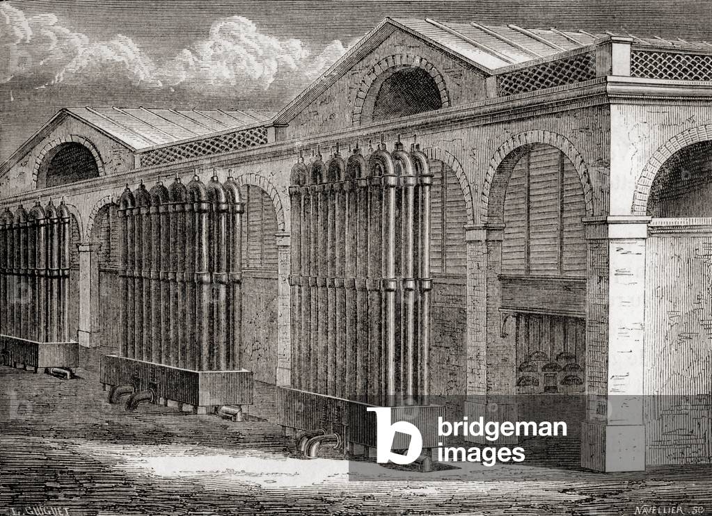 The coal gas condenser plant at La Villette, Paris, France in the 19th century, from 'Les Merveilles de la Science', published c.1870 (engraving)