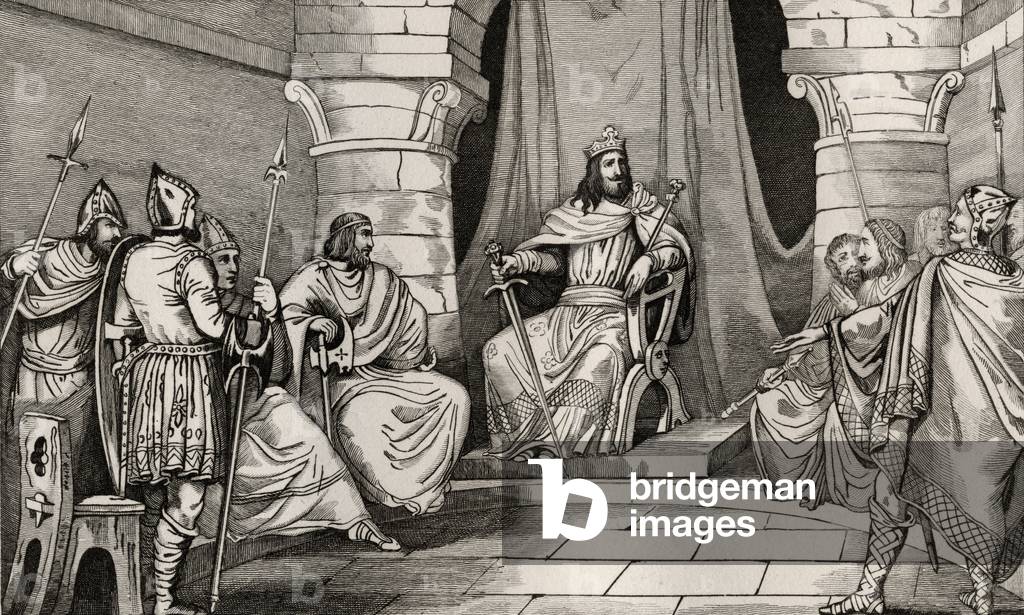King Charibert (521-67) in Council with Magistrates, from 'Histoire de France' by Colart, published c. 1840 (engraving)