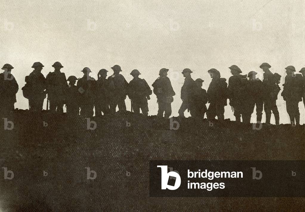 Silhouette of reserve soldiers waiting to move up to the front line during World War One, from The Year 1916 Illustrated