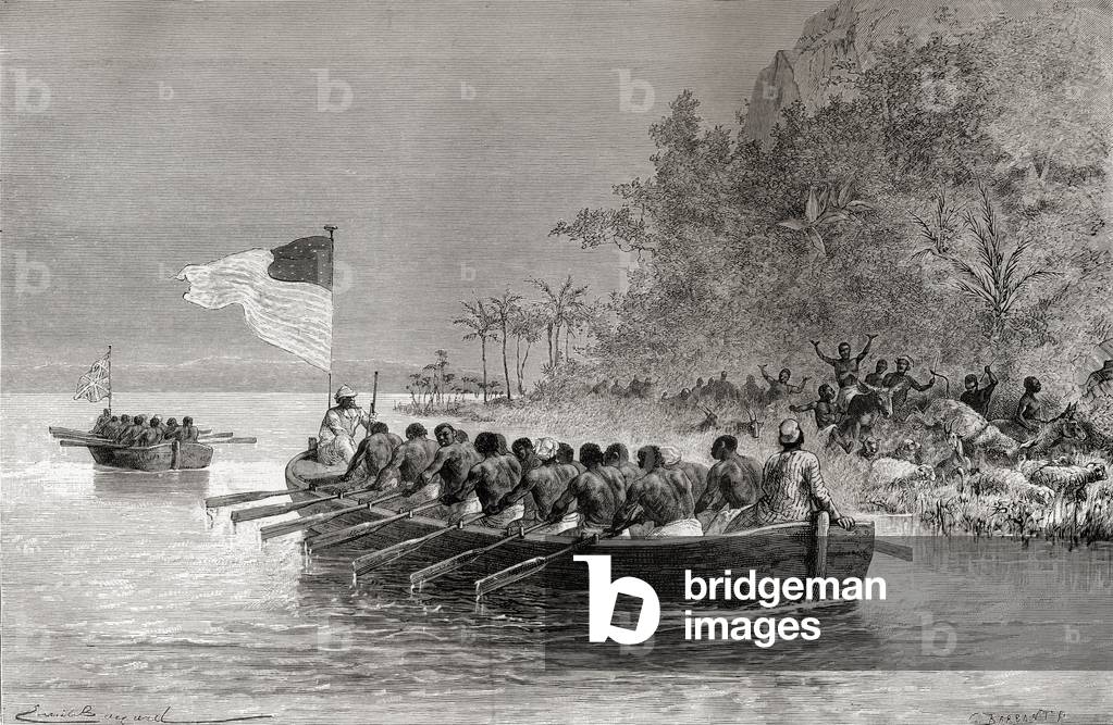 Dr. David Livingstone in the first boat, flying the English flag, and Henry Morton Stanley in the second boat, flying the American flag, during their expedition in Africa in 1872, illustration from 'The World in the Hands', engraved by Charles Barbant (d.1922), published 1878 (engraving)