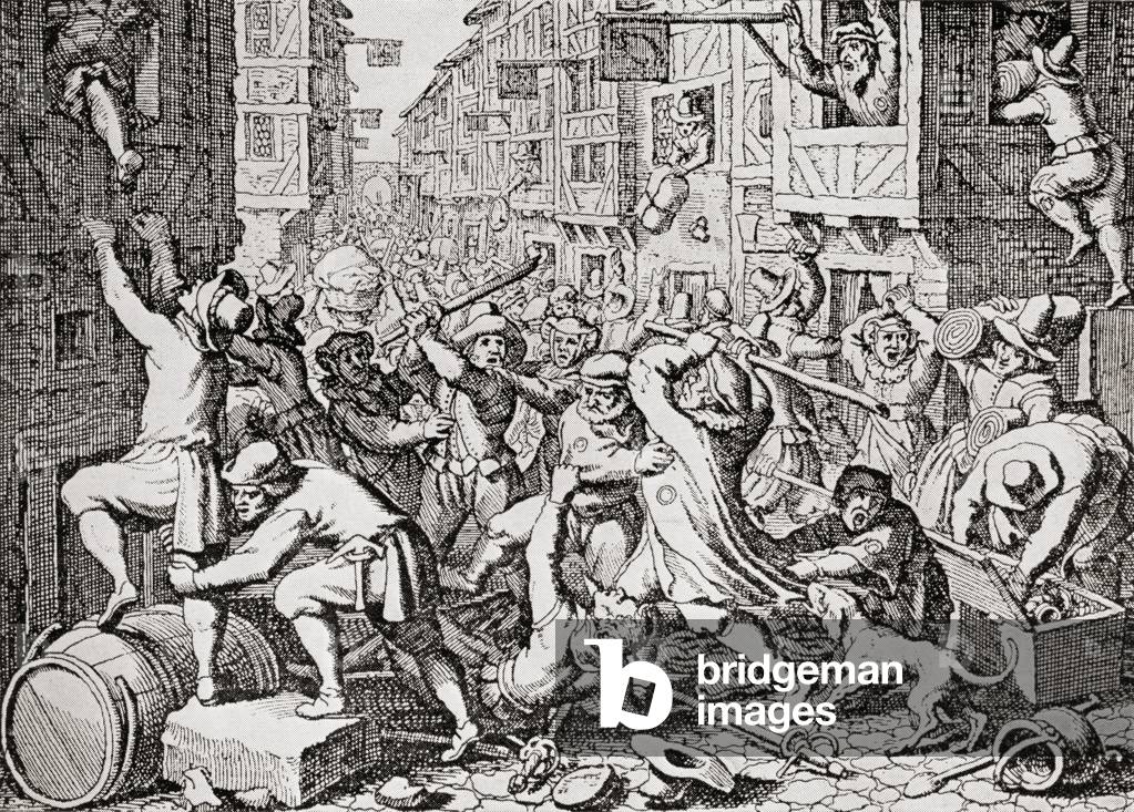 A street brawl in London, England in the 17th century.  From The Streets of London Through the Centuries.