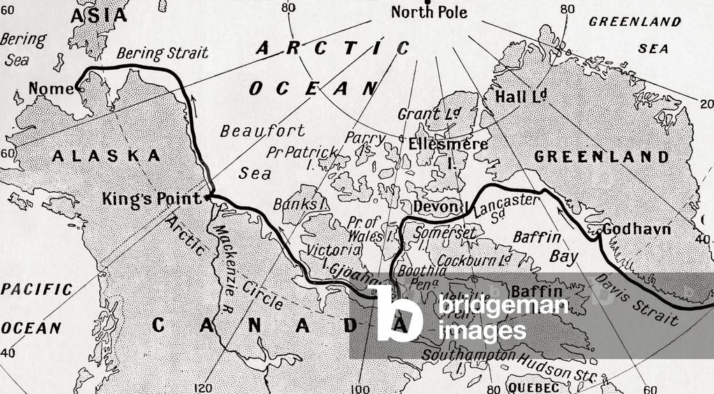 Map showing the route of Amundsen's  voyage through the North West Passage, 1903-1906.  From Heroes of Modern Adventure, published 1927