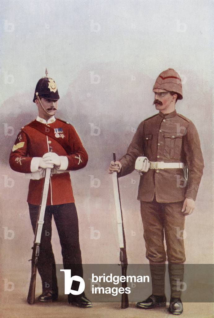 Colour Sergeant and Private of the Gloucestershire Regiment during the late 19th century, from 'South Africa and the Transvaal War: Vol. 1' by Louis Creswicke, published 1900 (colour litho)