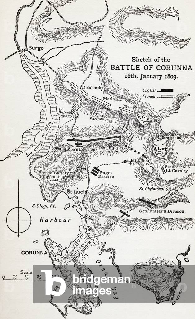 Map showing the site of the Battle of Corunna, Galicia, Spain on 16th January, 1809 (litho)