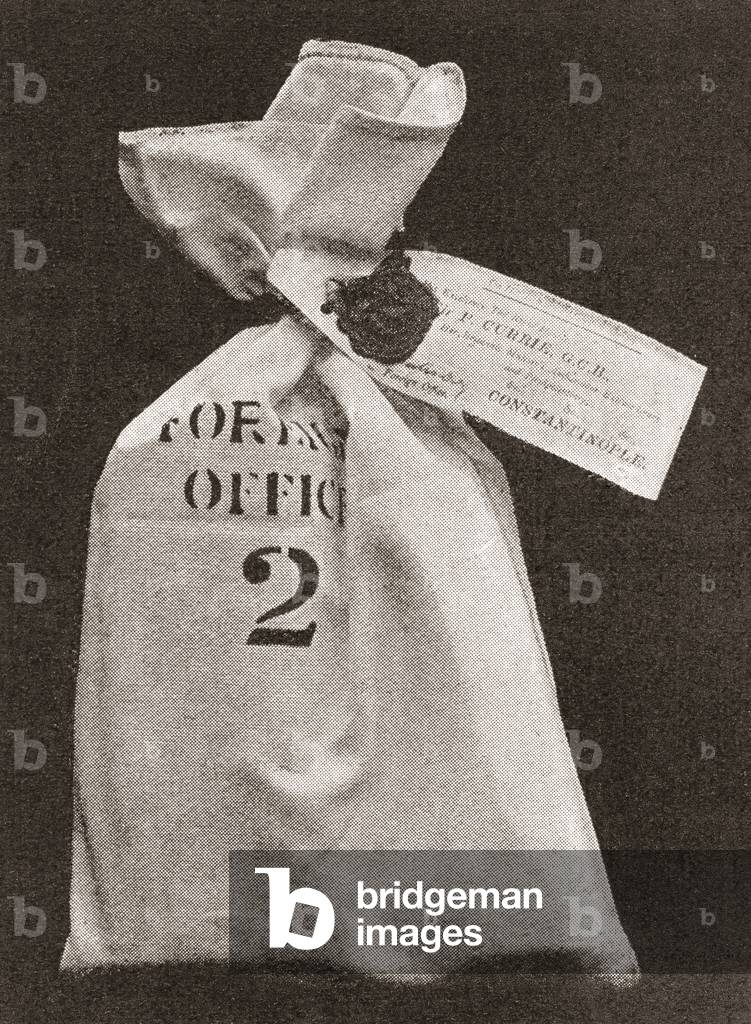 A Foreign Office Dispatch bag, sealed and addressed to the British Ambassador at Constantinople, ready for delivery to a Queen's Foreign Service Messenger.  From The Strand Magazine, published 1896