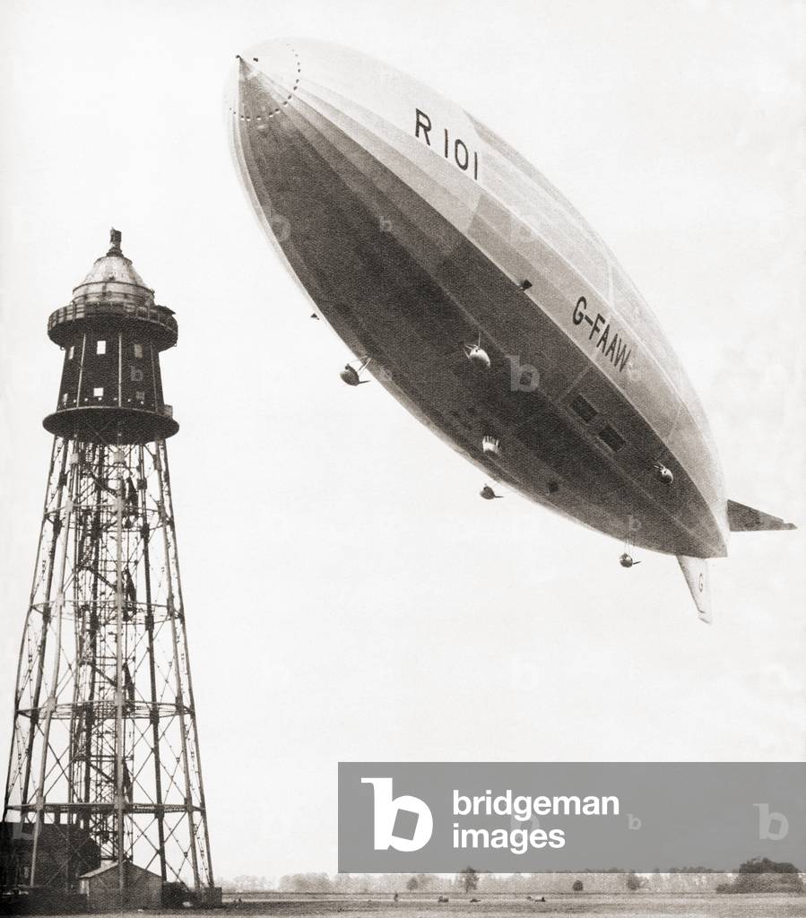 The final flight of the British rigid airship R101 which crashed during bad weather conditions over France in 1930, 48 of the 54 people aboard perished in the accident, from These Tremendous Years, pub.1938