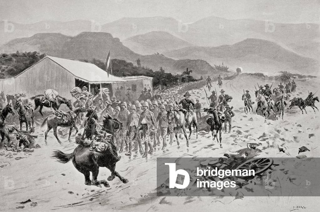 The first halt of British prisoners on their way to a prison camp in Pretoria, South Africa, during the second Boer War, from 'South Africa and the Transvaal War' by Louis Creswicke, published 1900 (litho)