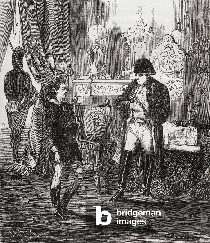 The interrogation of Friedrich Stabs after his failed attempt to assassinate Napoleon I in 1809, from 'Societes Secretes, les Francs Macons', published c.1867 (engraving)