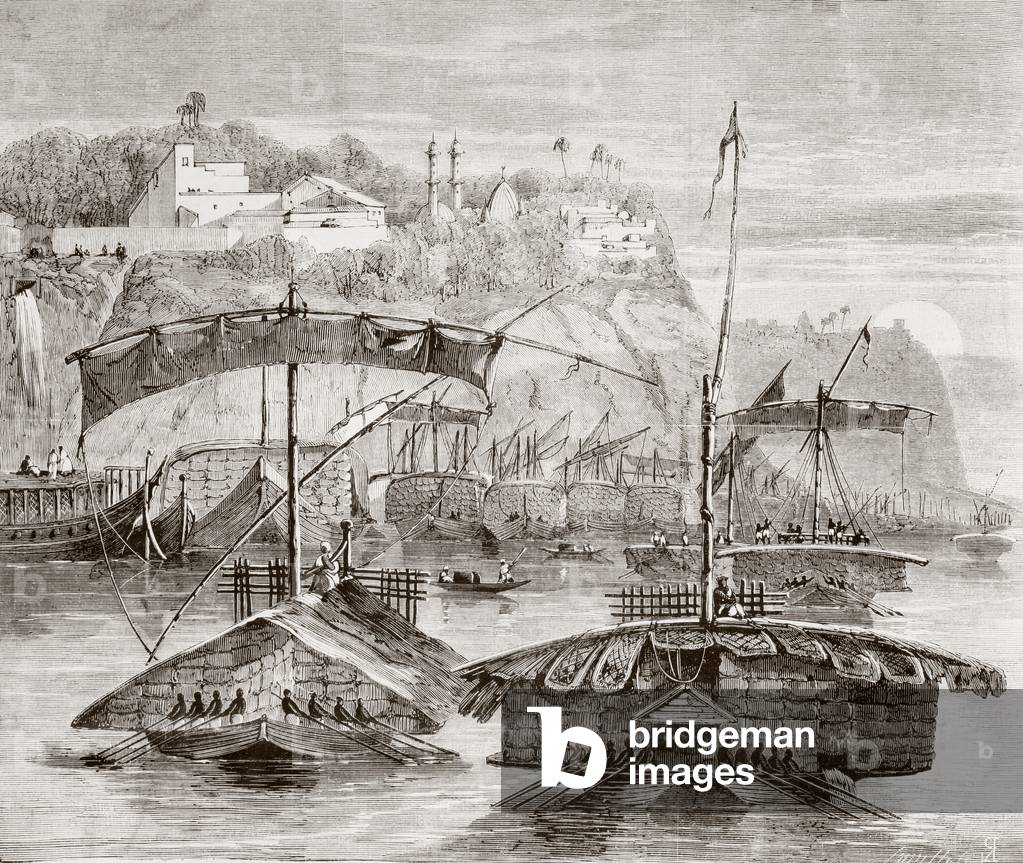 Convoy of boats loaded with cargoes of cotton descending the Ganges River, India in the 1860's.