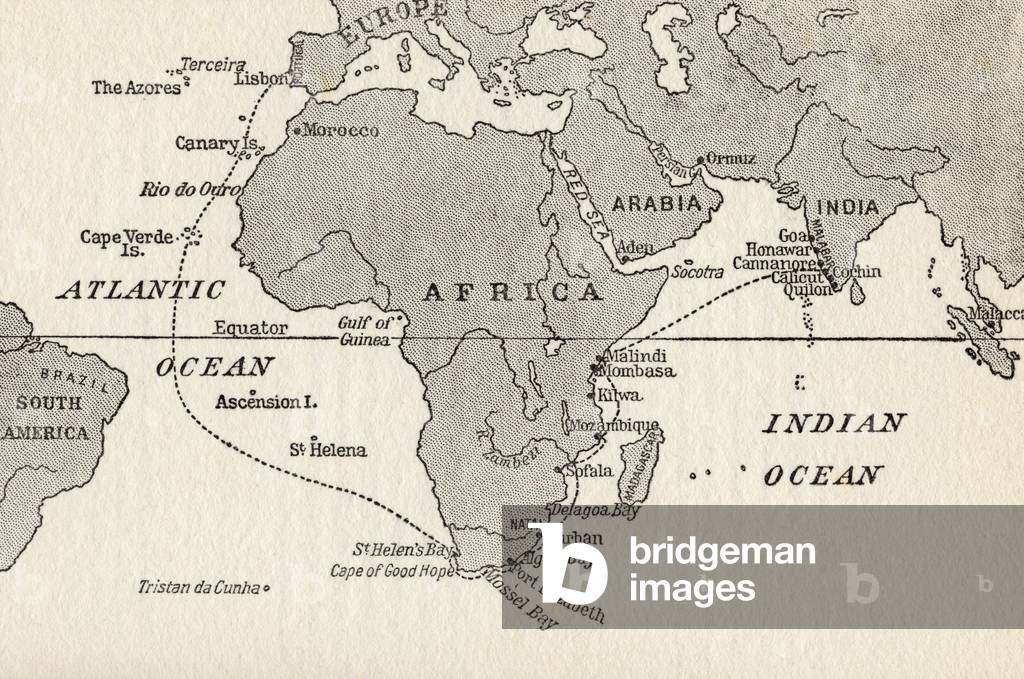 Map illustrating Vasco da Gama's voyages, from 'The Great Explorers Columbus and Vasco da Gama' (litho)