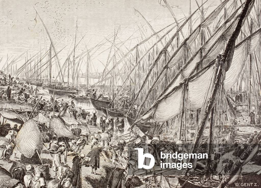 Port in the Boulaq district of Cairo, Egypt in the 19th century.  From El Mundo Ilustrado, published Barcelona, 1880.