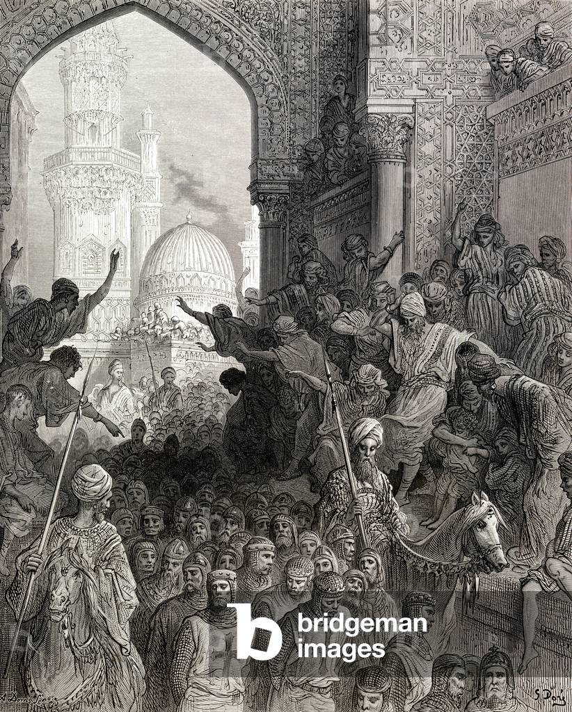 Arrival at Cairo of prisoners of Minich during the seventh crusade, 19th century (engraving)