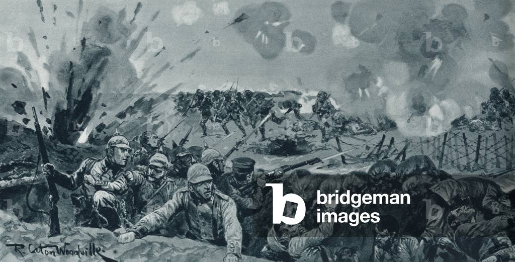 Victorious attack of British and Indian troops at Neuve Chapelle on the Western Front, France during the First World War, after artwork by R. Caton Woodville, from 'The Illustrated War News', published in 1915 (litho)