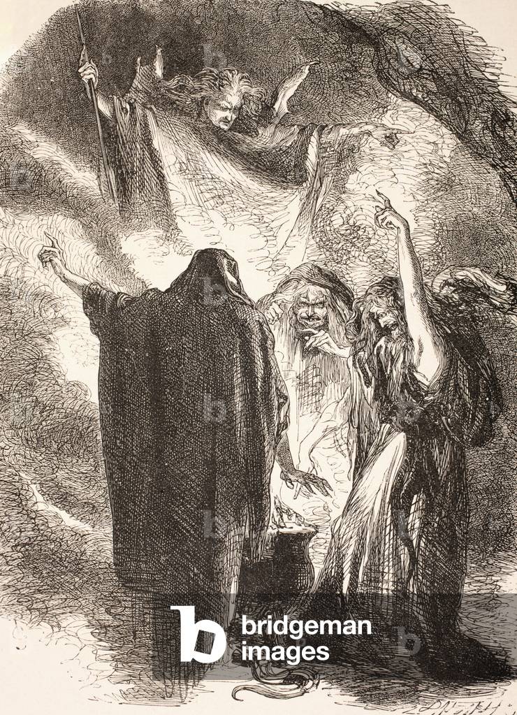 Illustration of the witches around their cauldron in Macbeth, from 'The Illustrated Library Shakespeare', published London 1890 (colour litho)