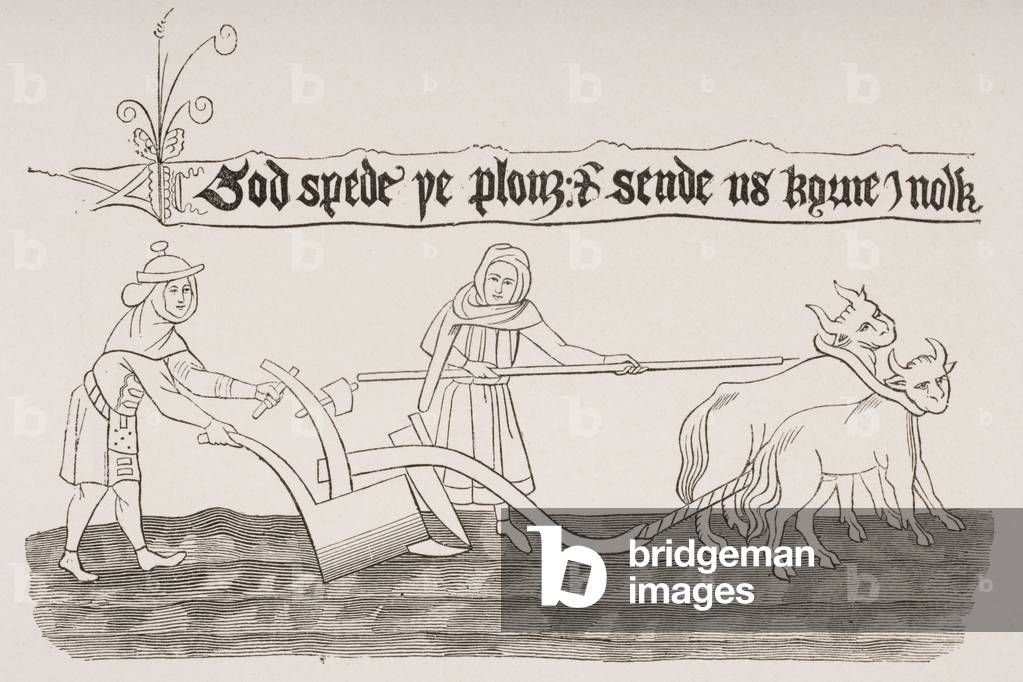 Man and Woman Ploughing a Field, after a miniature from an Anglo-Saxon manuscript, from 'Le Moyen Age et La Renaissance' by Paul Lacroix (1806-84) published 1847 (litho)